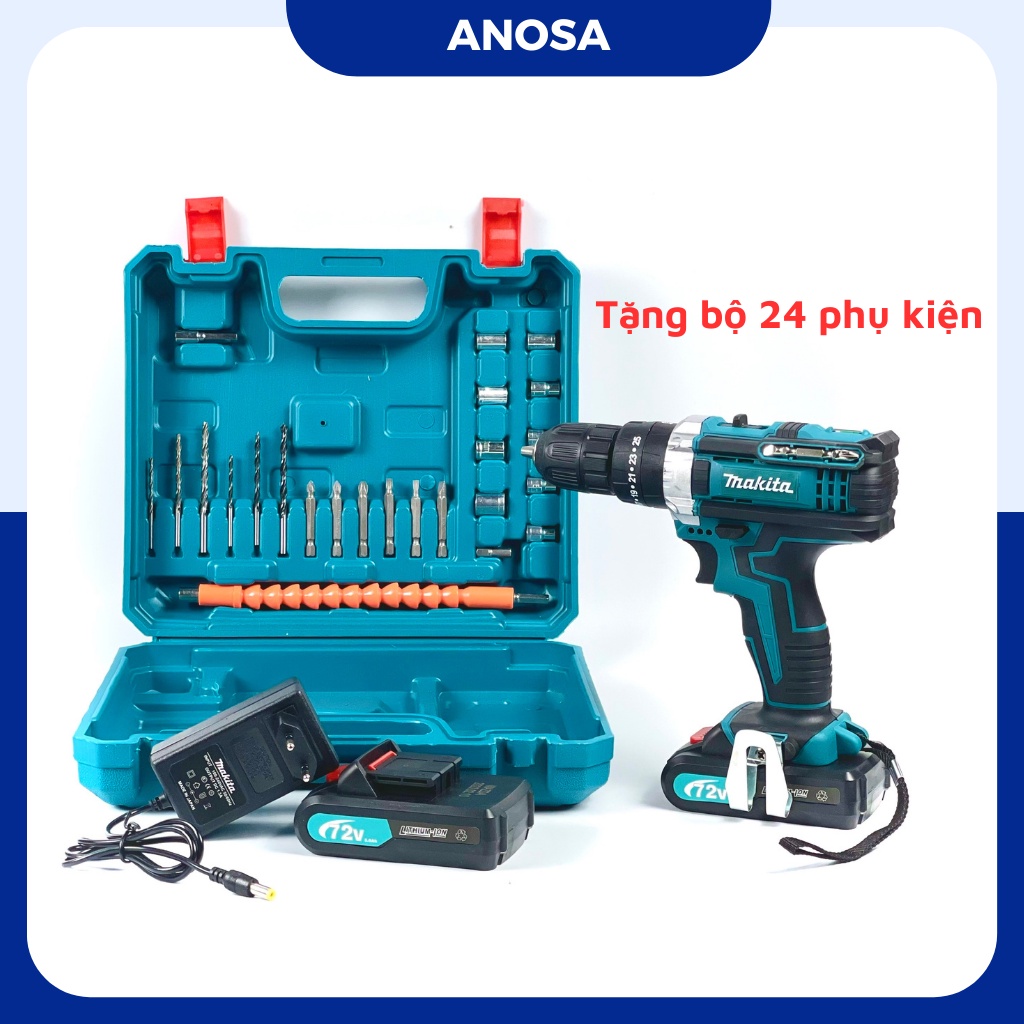 Máy khoan pin cầm tay Makita 72v, máy bắn vít 3 chức năng khoan tường, bắn vít, khoan sắt tặng phụ kiện 24 chi tiết
