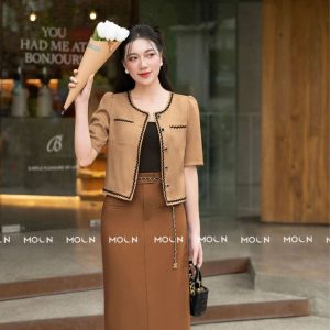 Áo khoác crop công sở thiết kế độc quyền MOON, áo cổ tròn chân váy đầm xếp ly sang chảnh, bánh bèo MA201 MA213